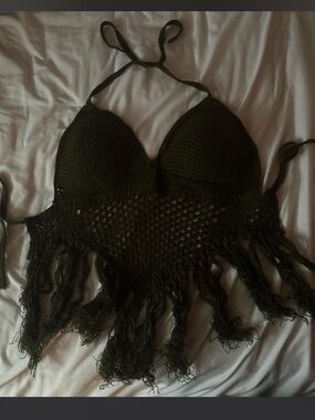 Dark green Crochet Fringe Halter Crop Top